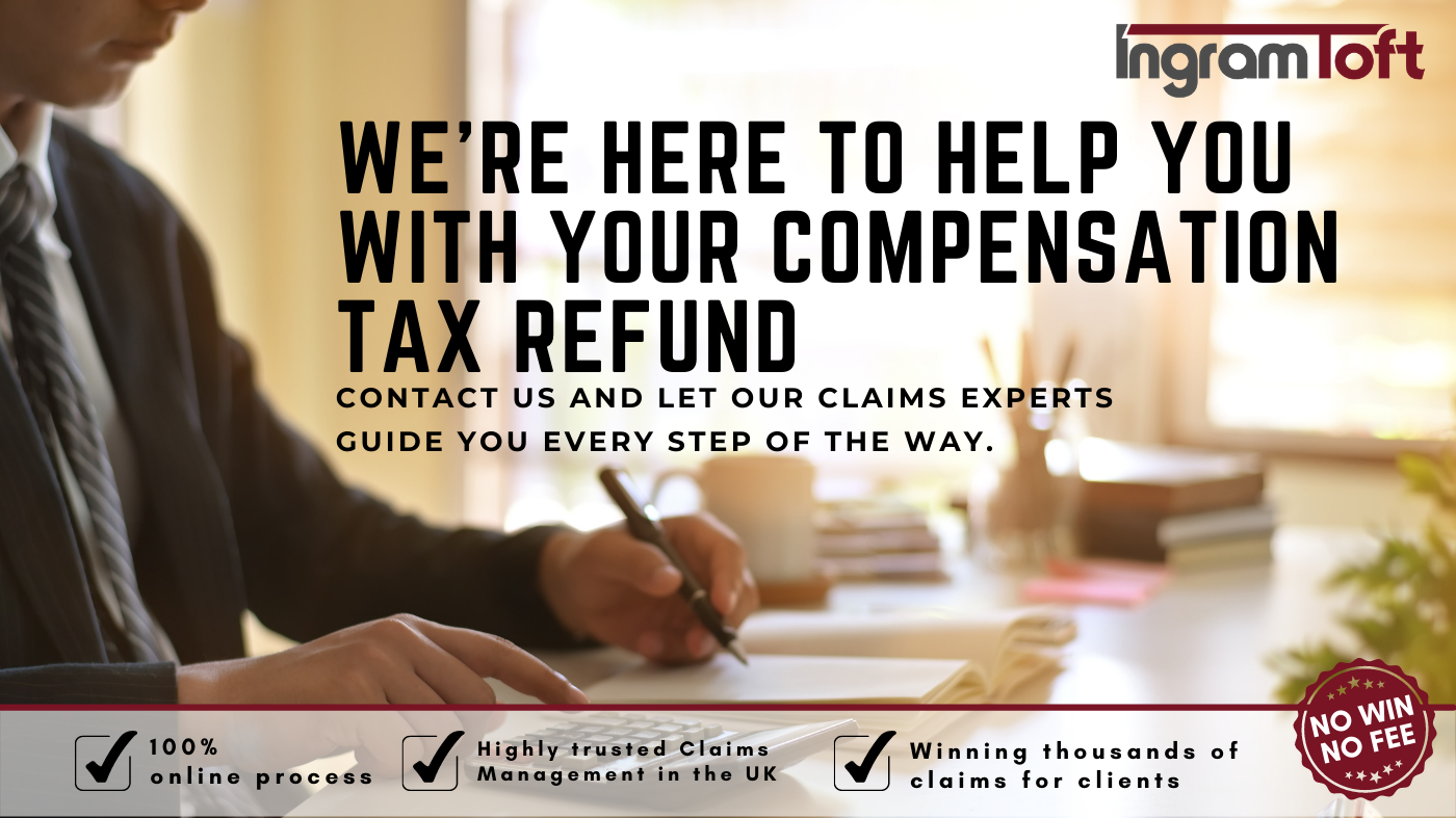 A man is writing on a piece of paper with the words we 're here to help you with your compensation tax refund